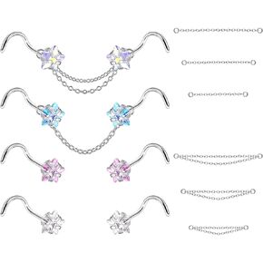 PunkTracker 20G Nose Studs Stainless Steel 3mm CZ Nose Rings Studs with Nose Chains Heart Star Nose Piercing Jewelry for Women Men