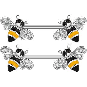 14G Cute Bee Stainless Steel Nipple Tongue Rings for Women Girls Crystal Cubic Zirconia Honeybee Barbells Nipplering Piercing Bar Nipple Studs Straight Shield Ring Sexy Body Jewelry Gifts