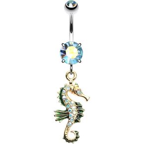 Pierced Owl 14GA Stainless Steel Aqua CZ Crystal Seahorse Dangling Belly Button Ring