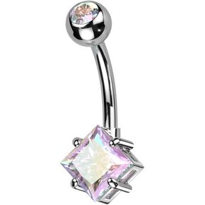 14 Gauge Implant Grade Titanium With Pressed Fit CZ Top and Diamond Brass Prong Set CZ Belly Button Ring (Choose Color)