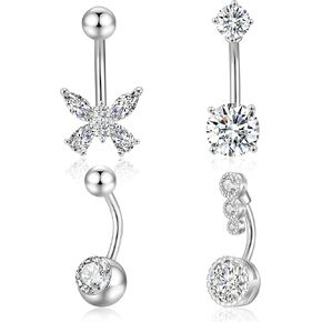 Aprilery 14G خاتم زر البطن للنساء، الفضة الجراحية الفولاذ المقاوم للصدأ زر البطن ثقب مع المتدلية سباركلي AAA مكعب زركونيا فراشة نجمة حلقات السرة ثقب المجوهرات 3-5PCS in Kuwait