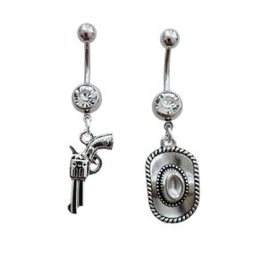2pc in Set Cute Gun and Cowboy Hat Belly Rings, Surgical Stainless Steel 14Gauge Navel Barbell Ring, Cool Piercing Body Jewelry for Man Woman