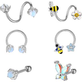 6PCS 16G Septum Rings Set 316L Stainless Steel Heart Star Moon Opal Cartilage Earring Hoop Helix Earring Daith Earring Nose Ring Hoop Septum Piercing Jewelry For Women and Men…