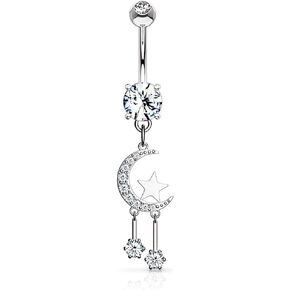Forbidden Body Jewelry dangly belly button piercing, belly button rings moon and sun, dangly belly button jewelry, CZ Cresent moon and star cute belly button piercings.