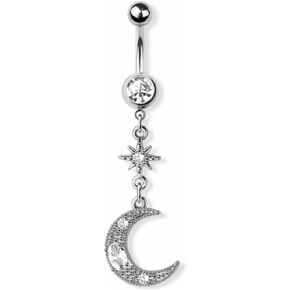 Pierced Owl 14GA 316L Stainless Steel CZ Crystal Crescent Moon with Sunburst Dangling Belly Button Ring