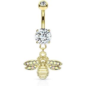 Pierced Owl - 14GA 316L Stainless Steel Bumble Bee with AB Crystal Paved Wings Double Jeweled Dangling Belly Button Ring