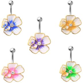 5 - Assorted Set 14 Gauge 3/8 Inch 316L Surgical Steel Barbell Belly Button Navel Rings Dangles Butterfly Hibiscus CZ Flower B630 Color Yellow Purple Blue Pink Green