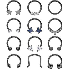 12Pcs 16G Surgical Steel Septum Rings for Women Men Horseshoe Septum Rings Hoop CZ Heart Star Butterfly Cartilage Helix Tragus Daith Earrings Piercing Jewelry