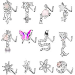 12PCS 20G Stainless Steel Dangle Nose Rings Studs for Women L Shaped Nose Studs Moon Star Butterfly Snake Arrow Dangling Nose Nostrial Piercing Jewelry