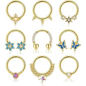 Dochais 9PCS Septum Rings 16G Septum Rings for Women Surgical Steel Nose Rings Hoops Clicker Ring Nose Rings CZ Opal Helix Tragus Hoop Daith Cartilage Piercing Jewelry