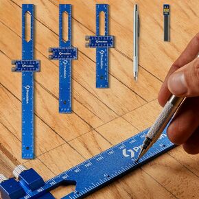 Procision Woodworking Ruler, Set of 3 (12, 8, 6 Inch), Precise Woodworking Pocket Ruler with Extra Wide 2" Sliding Attachment, Slide Rule T-Type Scribing Ruler Square Ruler Plus Mechanical Pencil