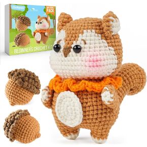 VichiPan Crochet Kit for Beginners - Crochet Starter Kit with Step-by-Step Video Tutorials, Learn to Crochet Kits for Adults and Kids, DIY Knitting Supplies, Squirrel + Pine Cone Family(150%+ Yarn)