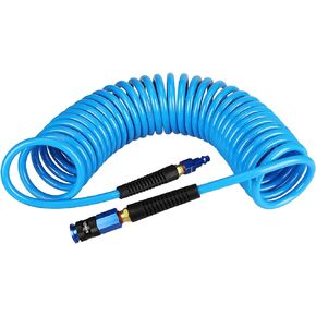 EADUTY Heavy Duty Polyurethane Recoil Air Hose 1/4 in x 25 ft, Lightweight, Flexible Compressor Hose with Universal Quick Coupler, Plug and Bend Restrictors, Blue
