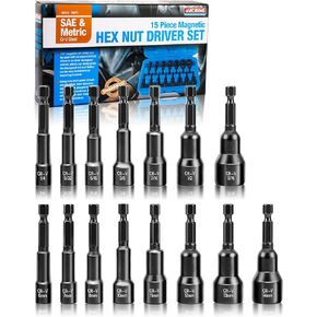 مجموعة مفك صامولة مغناطيسية مكونة من 15 قطعة، مجموعة مفك صامولة للصدمات، SAE (1/4 بوصة إلى 9/16 بوصة) ومتري (6-14 مم) | كروم فاناديوم ستيل | ساق سداسية مقاس 1/4 بوصة | أسود in Kuwait