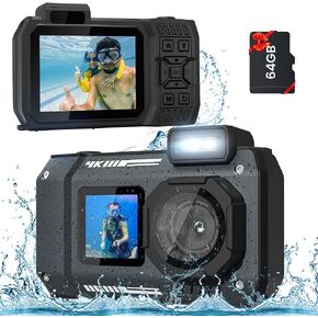 كاميرا 4K تحت الماء، كاميرا مقاومة للماء بطول 33 قدمًا، كاميرا سيلفي مزدوجة الشاشة بدقة 65 ميجابكسل للتركيز التلقائي تحت الماء للغطس وكاميرا رقمية قابلة للطفو مدمجة مقاومة للماء مع بطاقة 64 جيجابايت (أسود) in Kuwait