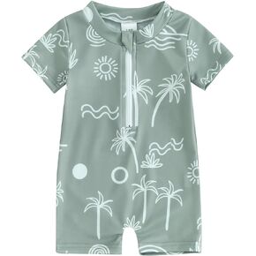 Infant Baby Boy One Piece Swimsuit Rash Guard Shirt Bathing Suit Infant Short Sleeve Zip Up Sunsuit Swimwear