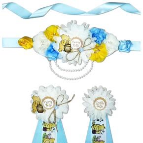 3 Pack Winnie Mom to Be Sash Daddy to Be Corsage Pins Flower, Baby Shower Sash, Maternity Sash Belly Belt Gift The Pooh Mommy Dad, Green Boho Gender-Neutral