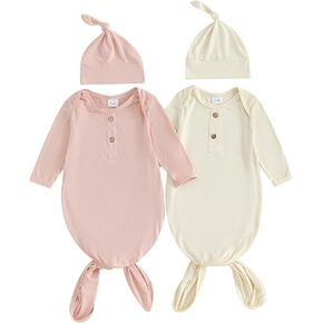 Merqwadd Newborn Knotted Gown 2 Pack Plain Sleeper for Baby Boy Girl Coming Home Outfit