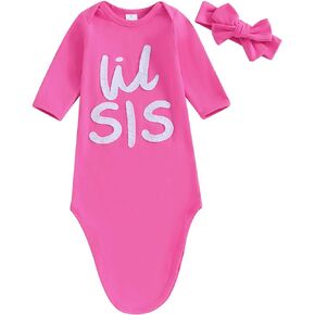Qiylii 0-3M Girls Boys Nightgown Lil Sis/Bro Letters Baby Gowns Sleepover Gift Infant Hospital Outfits Coming Home Clothes