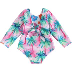 Toddler Infant Baby Girl Swimsuit Long Sleeve Rash Guard One-Piece Floral Bathing Suit Reversible Beach Wear