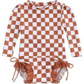 Yccutest Toddler Rash Guard One Piece Swimsuit Baby Girl Long Sleeve Ruffles Swimwear Zipper Bathing Suit Checkerboard Outfit