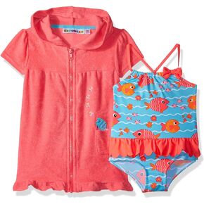 Girls' Baby INF Coverup Set with Fish and Waves, Diva Pink, 6-9 Months