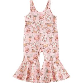 YOKJZJD Toddler Baby Girl Easter Outfit Bunny Suspender Romper Jumpsuit Overalls Bell Bottom Pants Leggings Summer Clothes