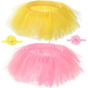 2 Pack Tutu Skirts with Flower Headbands, Yellow and Pink Tulle Skirt and Headband Suits for Baby Girls, 4 Layered Newborn Baby Tulle Skirts, 0-12 Months
