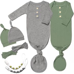 2PK Silky Soft Newborn Knotted Gown, Snuggly Infant Sleeper for Baby Girls, Sleepwear Set with Mittens, Bowknot, Clip and Hat
