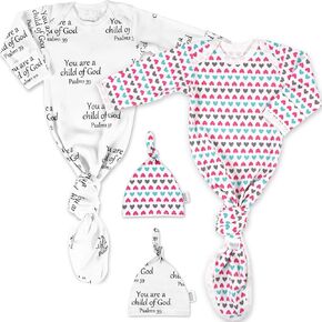 Ocean Drop Designs Baby Gowns 2 Packs (0-6 M) - 100% Cotton Newborn Coming Home from Hospital Outfit, Knotted Baby Nightgown, Hospital Newborn Outfit for Boys & Girls