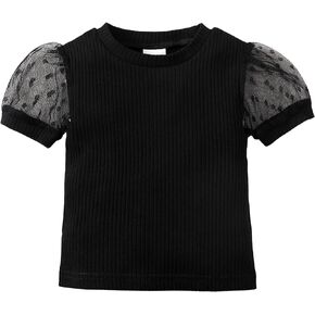 OPAWO Toddler Girl Shirts, Puff Dot Sleeve Baby Tee Shirt, Ribbed Short Sleeve T-Shirt, Solid Color Girls Tshirt Tops, 1-5T