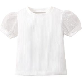 OPAWO Toddler Girl Shirts, Puff Dot Sleeve Baby Tee Shirt, Ribbed Short Sleeve T-Shirt, Solid Color Girls Tshirt Tops, 1-5T