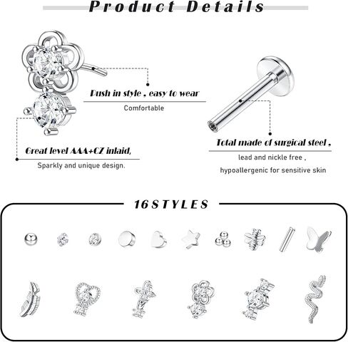 FIASASO 16 قطعة 16 جرام أقراط الغضروف للنساء في سن المراهقة 316L الفولاذ المقاوم للصدأ أعلى المسمار تشيكوسلوفاكيا نجمة النحل ثعبان تتدلى محارة الحلزون الزنمة أقراط مسطحة الظهر المسمار الخلفي الأذن ثقب المجوهرات in Kuwait