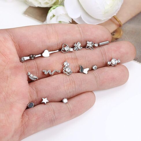 FIASASO 16 قطعة 16 جرام أقراط الغضروف للنساء في سن المراهقة 316L الفولاذ المقاوم للصدأ أعلى المسمار تشيكوسلوفاكيا نجمة النحل ثعبان تتدلى محارة الحلزون الزنمة أقراط مسطحة الظهر المسمار الخلفي الأذن ثقب المجوهرات in Kuwait