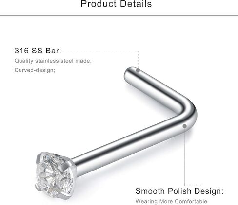 Lcolyoli 20 جرام L على شكل الأنف الدائري الجراحية الصلب الأنف ترصيع الثقب مجوهرات للنساء الرجال كريستال 1.5 مللي متر 2 مللي متر 18 قطعة in Kuwait