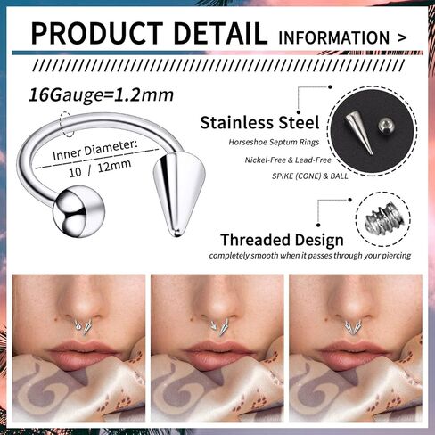 YOFANST 16g Stainless Steel Long Spike Nose Septum Rings Horseshoe Hoop Labret Ring 10mm 12mm in Kuwait