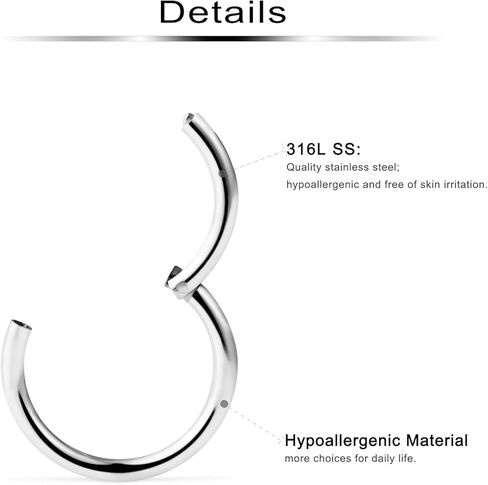 Ftovosyo 3-5 أزواج 16G حلقة حاجز فولاذي جراحي Tragus Cartilge Helix Earring Hoop Piercing Jewelry للنساء والرجال حلقة نقر مفصلية لا تسبب الحساسية مقاس مختلط 8-16 مم in Kuwait