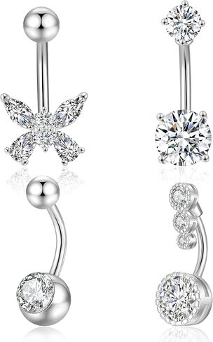 Aprilery 14G خاتم زر البطن للنساء، الفضة الجراحية الفولاذ المقاوم للصدأ زر البطن ثقب مع المتدلية سباركلي AAA مكعب زركونيا فراشة نجمة حلقات السرة ثقب المجوهرات 3-5PCS in Kuwait
