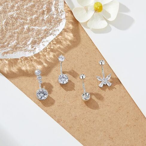 Aprilery 14G خاتم زر البطن للنساء، الفضة الجراحية الفولاذ المقاوم للصدأ زر البطن ثقب مع المتدلية سباركلي AAA مكعب زركونيا فراشة نجمة حلقات السرة ثقب المجوهرات 3-5PCS in Kuwait