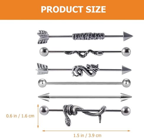 USHOBE 6 قطعة القرط الحديد ثقب الغضروف القرط ثعبان الأذن مجوهرات هيئة ثقب المجوهرات الصناعية ثقب بار للنساء الرجال in Kuwait