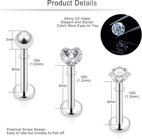 Cisyozi 16G دفع بدون خيوط في الشفاه Labret Monroe Medusa Rings Studs 316L الفولاذ الجراحي البلاستيك الغضروف الزنمة اللولبية محارة الأذن حلق مجوهرات ثقب الجسم للنساء والرجال 8 مم in Kuwait