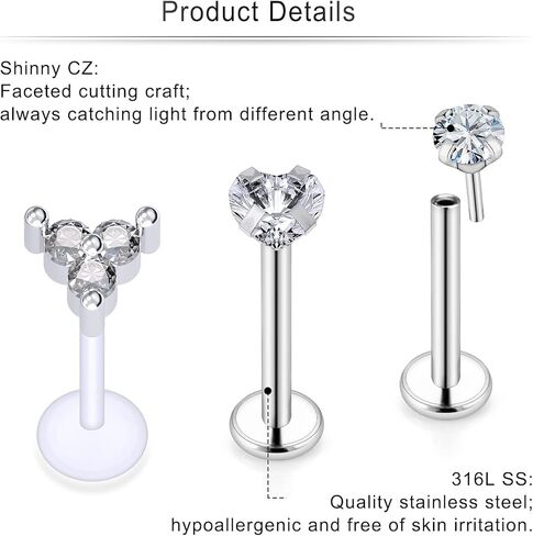 Cisyozi 16G دفع بدون خيوط في الشفاه Labret Monroe Medusa Rings Studs 316L الفولاذ الجراحي البلاستيك الغضروف الزنمة اللولبية محارة الأذن حلق مجوهرات ثقب الجسم للنساء والرجال 8 مم in Kuwait