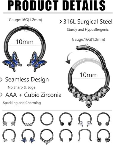 revolia 12pcs 16g حلقات الحاجز الصلب الجراحية للنساء الرجال حلقات الحاجز حدوة الحصان هوب تشيكوسلوفاكيا القلب نجمة فراشة الغضروف اللولب الزنمة Daith أقراط ثقب المجوهرات in Saudi Arabia