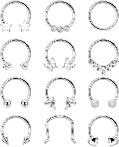 revolia 12pcs 16g حلقات الحاجز الصلب الجراحية للنساء الرجال حلقات الحاجز حدوة الحصان هوب تشيكوسلوفاكيا القلب نجمة فراشة الغضروف اللولب الزنمة Daith أقراط ثقب المجوهرات in Saudi Arabia