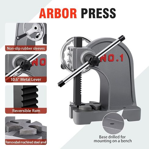 مكبس أربور 1 طن بعجلة يدوية، مكبس أربور يدوي من الحديد الزهر عالي التحمل 1 طن، أقصى ارتفاع 6.45 بوصة، مكبس أربور سطح المكتب، آلة ضغط معدنية للختم وتشكيل الانحناء والتمدد in Kuwait