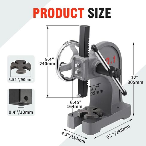 مكبس أربور 1 طن بعجلة يدوية، مكبس أربور يدوي من الحديد الزهر عالي التحمل 1 طن، أقصى ارتفاع 6.45 بوصة، مكبس أربور سطح المكتب، آلة ضغط معدنية للختم وتشكيل الانحناء والتمدد in Kuwait