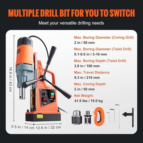 VEVOR Magnetic Drill, 1550W 2" Boring Diameter, 2922lbf/13000N 500 RPM Portable Electric Mag Drill Press with Variable Speed, Drilling Machine for any Surface Home Improvement Industry Railway in Kuwait