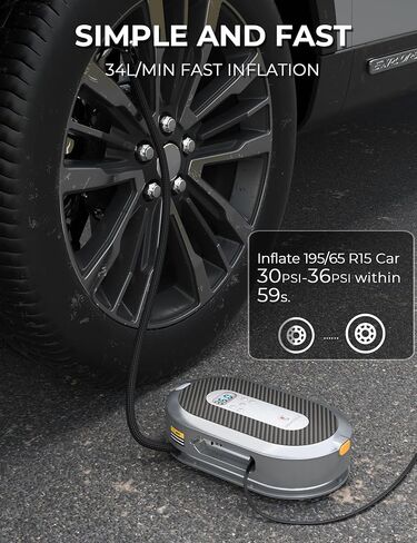 Tire Inflator Portable Air Compressor 150PSI with Pressure Gauge 12v Air Compressor Tire Inflator with Auto Retraction Power Cord, Auto Shut-off and Emergency LED Light By Giraffe Tools in Kuwait