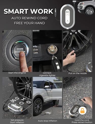 Tire Inflator Portable Air Compressor 150PSI with Pressure Gauge 12v Air Compressor Tire Inflator with Auto Retraction Power Cord, Auto Shut-off and Emergency LED Light By Giraffe Tools in Kuwait