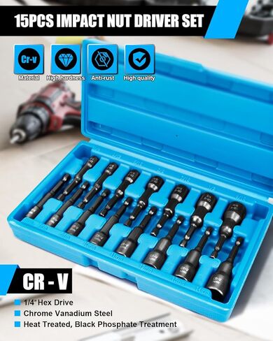مجموعة مفك صامولة مغناطيسية مكونة من 15 قطعة، مجموعة مفك صامولة للصدمات، SAE (1/4 بوصة إلى 9/16 بوصة) ومتري (6-14 مم) | كروم فاناديوم ستيل | ساق سداسية مقاس 1/4 بوصة | أسود in Kuwait